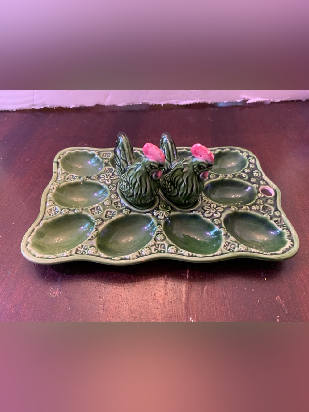 Vintage Green Ceramic Deviled Egg Tray with Rooster Salt and Pepper Shakers